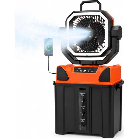 Rechargeable Camping Fan, 20,000 mAh Battery-Powered Misting Fan with 6L Bucket, LED Light and Remote Control, Cooling (1/5)