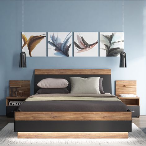 Schlafzimmer Set 3-teilig MANAGUA-129 mit Bett 160x200 in Eiche mit schwarz matt (1/5)