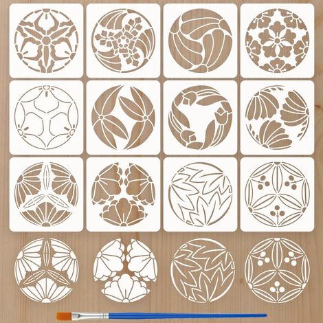 12PCS Pochoir Peinture Rond Feuille Florale avec Pinceau 15x15cm Réutilisable Modèle Dessin Motif Traditionnel Japonais Pochoir Plastique Thème Végétal pour Peinture sur Tissu (1/5)