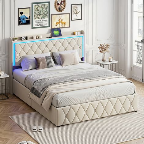 Lit coffre 140x190 cm en velours, tête de lit avec charge USB et bande LED réglable, Grand coffre de rangement, Sommier à lattes inclus, Lit capitonné pour adultes et adolescents (1/5)