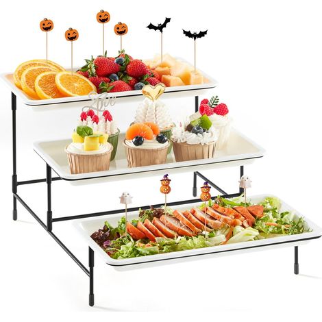 Présentoir à Gâteaux 3 Niveaux - 3 Plateaux - Plastique PP - Support Métal Noir - Buffet Fête Maison - 49,5x30,5x21cm (1/5)