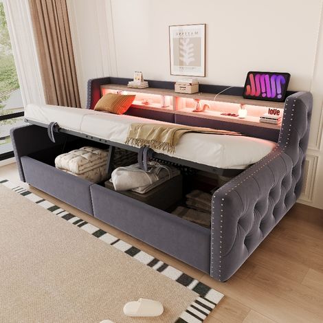 Polsterbett Schlafsofa 90x200 cm mit hydraulischem Stauraum, Tagesbett aus Samt mit LED-Beleuchtung, USB-Steckdose und Lattenrost, Dunkelgrau (1/5)