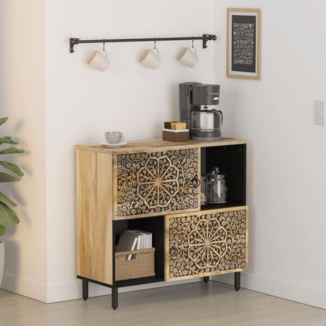 Buffet Bas en Bois de Manguier Massif 80x33x75 cm - Meuble de Rangement Style Bohème avec Tiroirs et Étagères pour Salon ou Entrée (1/5)