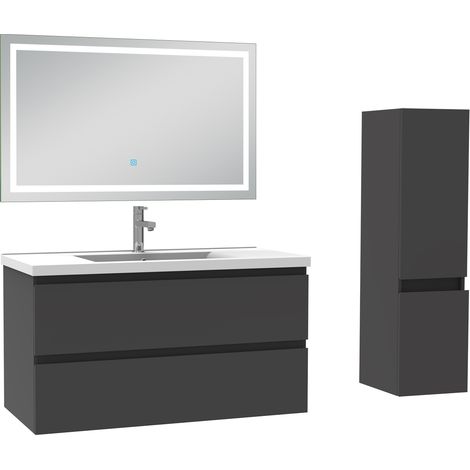 Aica Ensemble meuble Salle de Bain 100cm simple vasque avec Colonne et Miroir LED 3 Couleurs Anthracite (1/5)