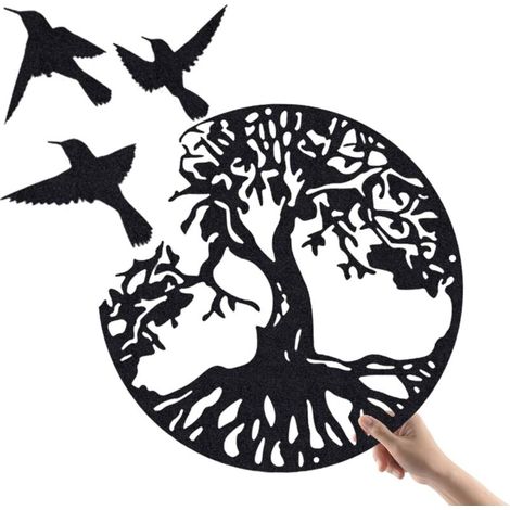 Decorazione murale in metallo raffigurante l'Albero della Vita con uccelli, colore nero - 28 cm/11,02 pollici, insegna moderna in metallo a forma di albero della vita.