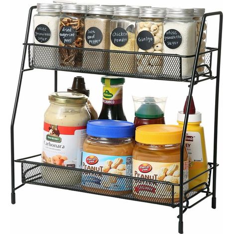 ZVD Rangement Epices Cuisine, Etagere Rangement, Organisateur Cuisine, Rangement Epices pour Poste de Travail, Etagère Verticale pour Armoires de Cuisine, Salle de Bains, Noir (2 étages) (1/4)