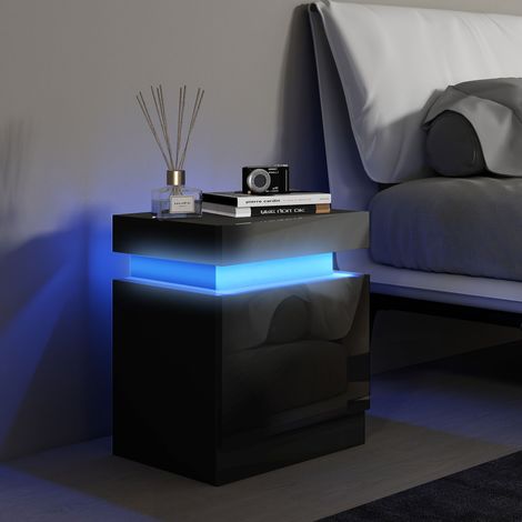 Table de chevet table de nuit lumière LED RVB panneau haute brillance avec 2 tiroirs pour salon chambre à coucher noir