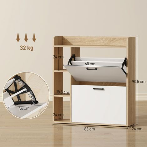 Meuble à chaussures étroit avec deux tiroirs inclinés et trois compartiments ouverts. Capacité : 15 paires de chaussures. Dimensions : 83 x 24 x 90,5 cm. En bois. Couleur : blanc. (1/5)