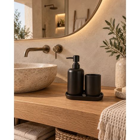 Set dispenser e portaspazzolini in ceramica nero opaco Koro 2pz