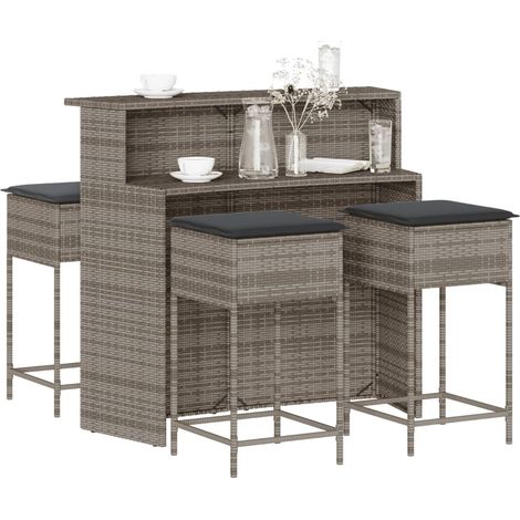 5-tlg. Gartenbar-Set mit Kissen Grau Poly Rattan