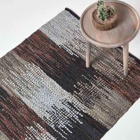 HOMESCAPES Black, Grey & Brown Real Leather Handwoven Cutshuttle Rug, 120 x 240 cm