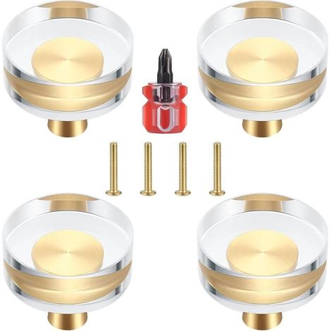 Lot de 4 Boutons de Porte en Cristal Transparent et Laiton pour Armoires, Tiroirs, Placards et Meubles - 30x27 mm (30x27 mm)