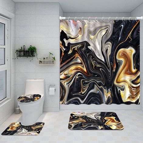 Filiyano-Ensemble rideau de douche Pieces Ink effet marbre avec tapis antidérapant, KLB (1/5)