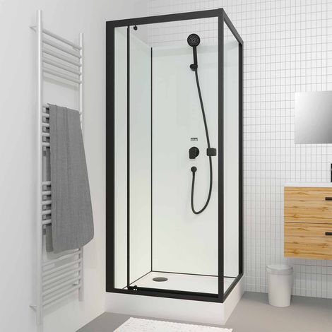 Cabina doccia quadrata 80x80x200 cm – Porta battente – Fondi bianchi e profili nero opaco
