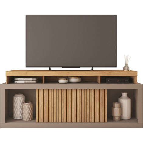 Meuble TV 70 Pouces Chêne et Gris 2 Portes Coulissantes L. 180 H 74 P 39.5 cm