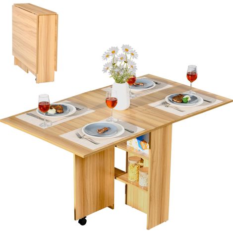 Table de salle à manger pliante à roulettes, table d'appoint multifonctionnelle avec abattants et étagères, 140 x 80 x 74 cm, bois