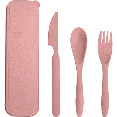 Ensemble de couverts en paille de blé, comprenant une fourchette, une cuillère et un couteau portables modernes avec boîte de rangement, idéal pour le bureau, l'école et les pique-niques, rose. (1/5)