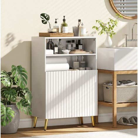 Meuble de salle de bain blanc en bois et métal avec portes rainurées, étagères ouvertes et fermeture douce (1/3)