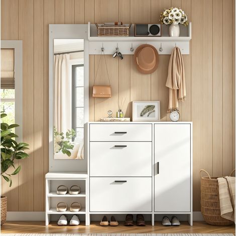 Mobile ingresso multifunzionale con scarpiera, specchio e ganci, bianco, 140 x 30 x 200 cm, OKWISH (1/5)