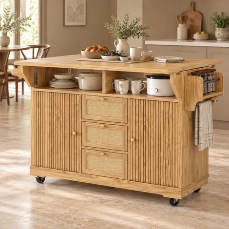 Chariot de cuisine pliable 95 cm, MDF, coloris bois naturel OKMYHOME (1/5)