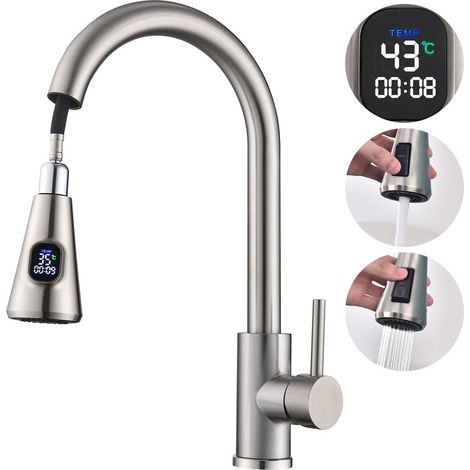 Mitigeur de Cuisine en Inox avec Affichage Température LED, Robinet de Évier Brossé Pivotant à 360° avec Douchette Extractible et 2 Modes de Jet (1/5)