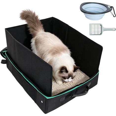 Travel Litter Tray, Portable and Foldable Cat Litter Tray, Portable Cat Litter, Oxford Fabric Travel Litter, Camping, Foldable, Waterproof, 50 x 40 x 28 cm, Black (1/5)