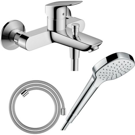 Pack mitigeur bain douche mécanique HANSGROHE Logis + Flexible Designflex + Pommeau Croma Select E EcoSmart blanc/chromé
