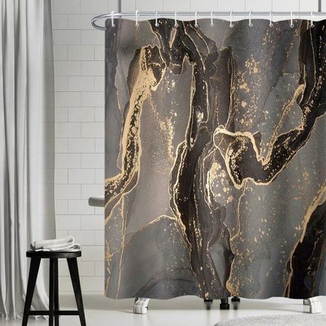Rideaux de douche - Texture marbre noir et or - Anti-moisissure - Imperméable - Polyester - Lavable - Avec 12 crochets （180 x 180）