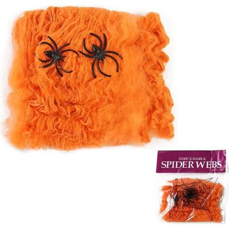Décoration en toile d'araignée d'Halloween - ANNEFLY 100g Toile d'araignée extensible -10 araignées en plastique-Orange (1/3)