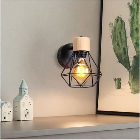 Applique murale industrielle vintage E27 noir métal plafonnier 40W bois (1/4)