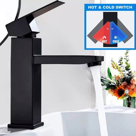 Rubinetto per lavabo in acciaio inox nero opaco, miscelatore monocomando - acqua calda e fredda - tubi flessibili inclusi - rubinetto per bagno (1/4)