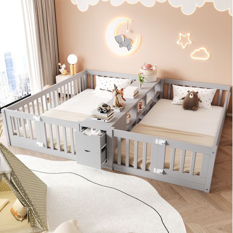 Cama infantil 90 x 200 cm con 2 camas, estante abierto y 2 cajones, gris OKMYHOME (1/5)