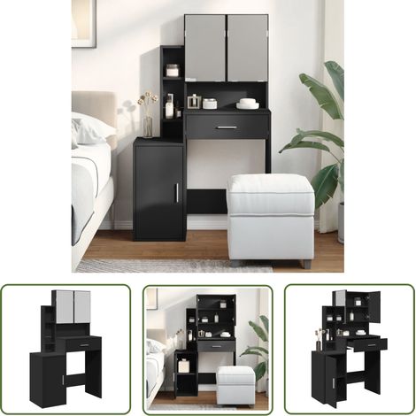 The Living Store Schminktisch mit Schrank Schwarz 80x35x132 cm - Schminktisch - Kosmetikschrank - Badezimmermöbel - Makeup Tisch - Spiegelkommode (1/5)