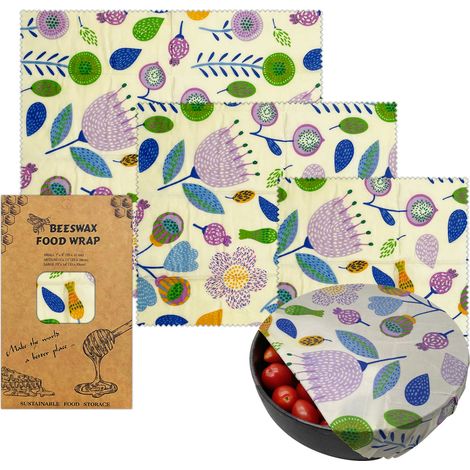 Lot de 3 torchons alimentaires en cire d'abeille avec motif de feuilles florales colorées en trois tailles S/M/L, emballage alimentaire réutilisable sans plastique pour fruits, légumes et plats de cui (1/4)