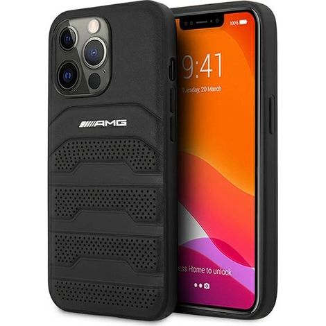 Custodia rigida nera/nera in pelle con linee in rilievo per iPhone 13 Pro / 13 6.1" AMG AMHCP13LGSEBK (1/5)
