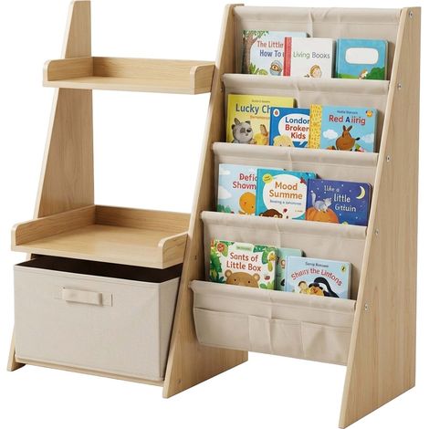 Relaxdays Kids' Bookshelf, 7 fabric pockets, 2 shelves & box, 3-in-1 freestanding, 80x84.5x34.5 cm, MDF, white/natural (1/5)