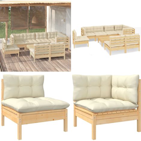 9-tlg. Garten-Lounge-Set mit Creme Kissen Massivholz Kiefer - Gartensessel - Lounge Set - Gartenmöbeln - Outdoor Möbel - Rattan Sessel - Home & Living (1/5)