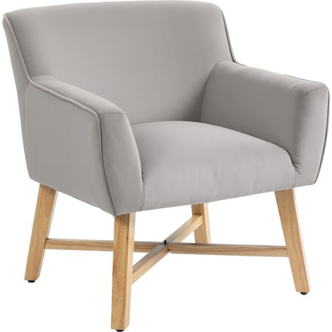 HOMCOM butaca de salón tapizada en terciopelo, sillón de salón moderno acolchado, patas de madera, reposabrazos, base cruzada, 67x65x74 cm, gris claro