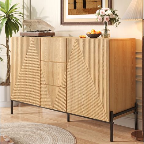 Credenza 115,5 x 40 x 76 cm con 2 ante e 3 cassetti, MDF naturale, gambe in ferro DESVIAE (1/5)