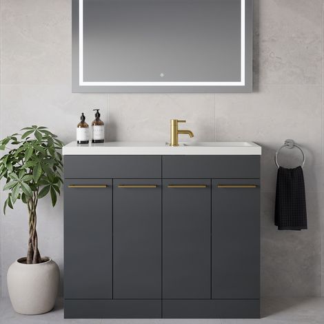 Napoli 250 Gloss Grey 1000mm 4 Door Vanity Unit with Square Silvo Basin - 1000mm - Brushed Brass 160mm Handle