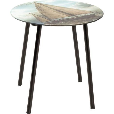 Table d'appoint en verre trempé motif "Bateau à voiles" - Diam 40 cm -PEGANE- (1/3)