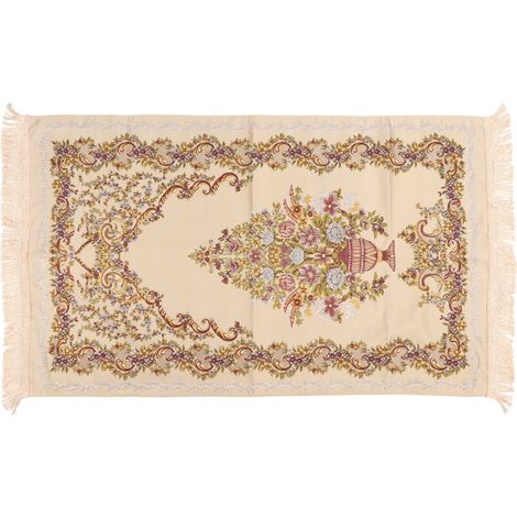 Tapis de prière double couche beige élégant, brodé avec franges décoratives, polyvalent pour salon maison camping, matelas musulman. (1/5)