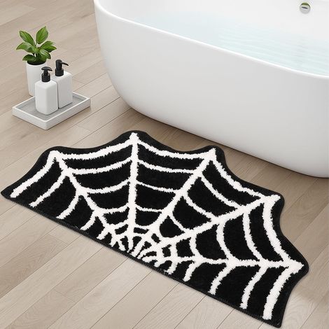 Tapis de bain gothique en forme de toile d'araignée - 79 x 51 cm, noir, décor d'Halloween, lavable et antidérapant, pour salle de bain, entrée, chambre et cuisine. (1/5)
