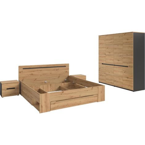 Canu Schlafzimmer-Set Bett 180x200 cm mit Stauraum, 2 Nachttische, 1 Schrank grau, Eiche Dekor.