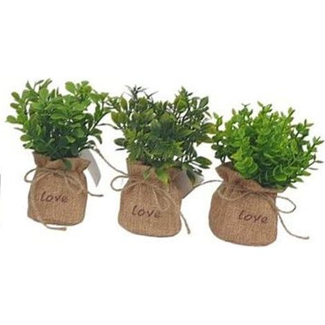 TrAdE Shop Traesio - Set 12pz Pianta Artificiale Con Vaso Sacco In Juta Decoro Scritta "love" ø6,5x16cm 231032 - (1/2)