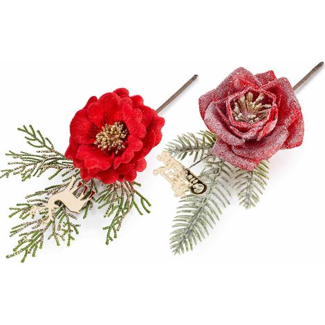 Rametti pick rosa rossa stoffa con glitter e decorazione dorata a renna e scritta Merry Christmas, set da 20 pezzi, cm 13,5 H (con gambo 24)