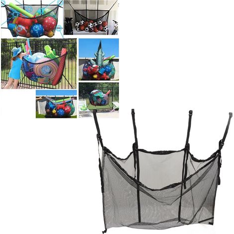 Mehrzweck-Aufbewahrungsorganizer – Hängender Netzbeutel für aufblasbares Spielzeug, Sportzubehör und Poolausrüstung – Großes Fassungsvermögen – Polyester – Schwarz – 135 x 90 cm – Inklusive 8 Gurten (1/5)