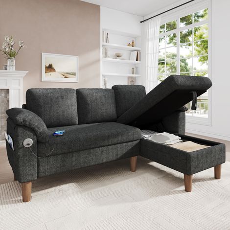 Sofá rinconera en L 181x125x88 cm, chaise longue flexible con almacenaje, USB y Type C, chenilla gris oscuro (1/5)