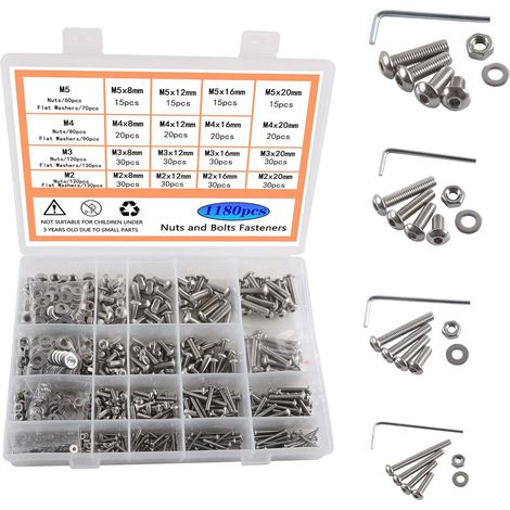 1180pcs Boulon, Écrou Acier Inoxydable 304, Vis Tête Cylindrique M2 M5, Kit Fixation Mécanique