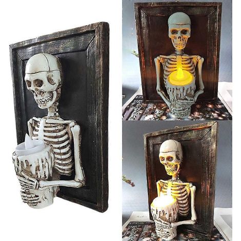 Lampe LED en forme de crâne tenant une bougie, décoration de table pour Halloween (1/4)